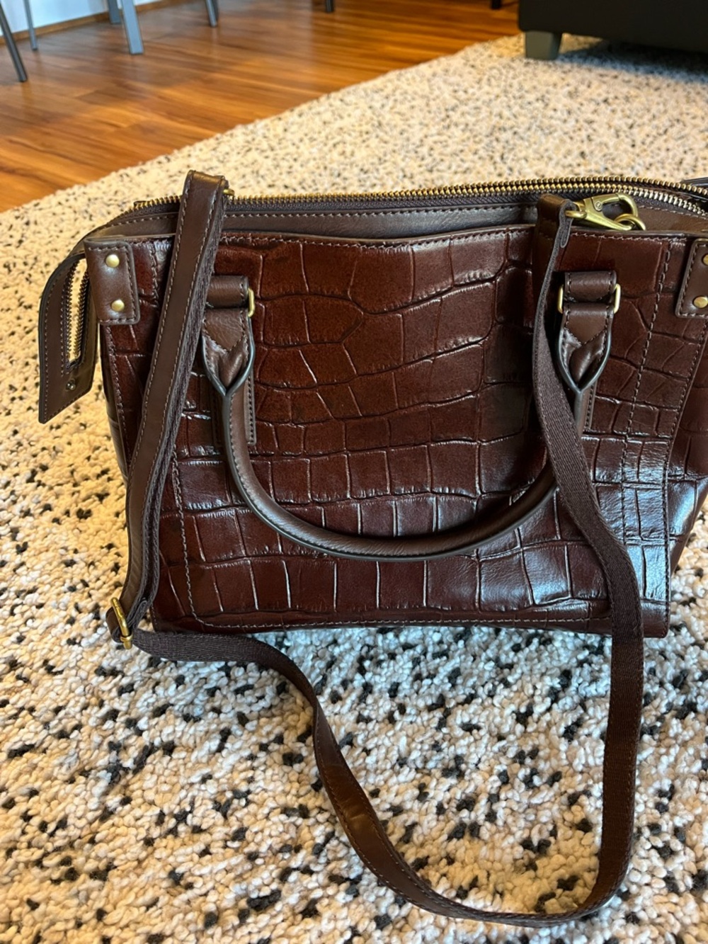 Fossil Textured Brown Croc-Embossed Satchel with Shoulder Strap